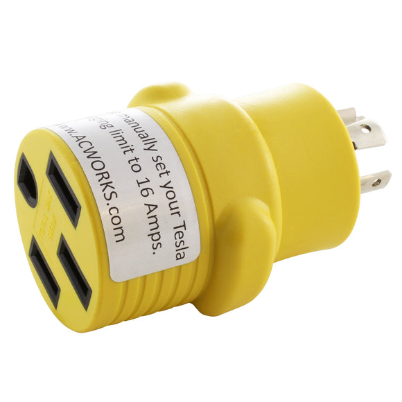 yellow tesla adapter, yellow rv adapter, compact adapter, locking adapter, AC WORKS, AC Connectors
