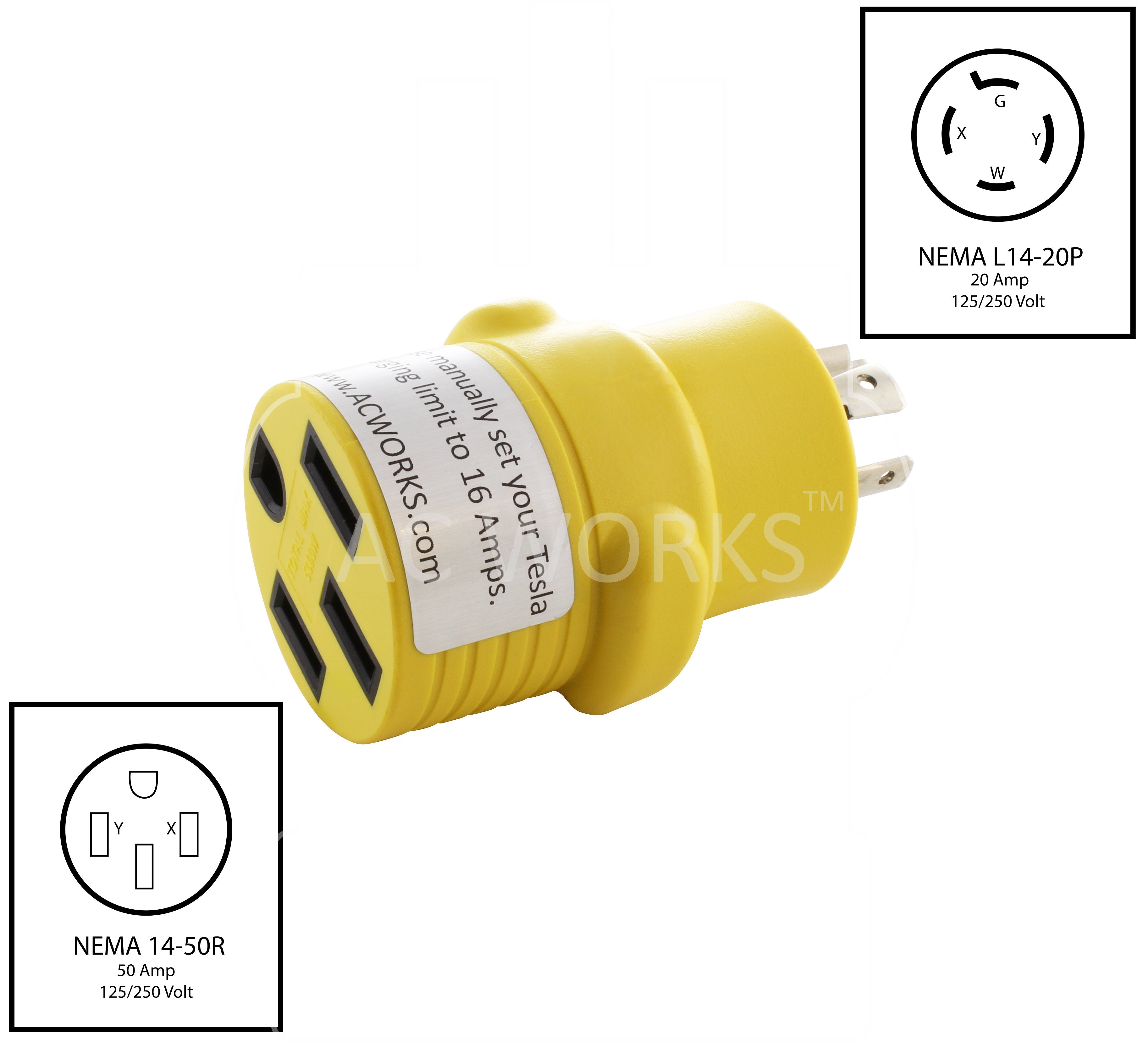 NEMA L14-20P to NEMA 14-50R, L1420 plug to 1450 connector, 4-prong 20 amp locking generator plug to 4-prong RV/EV connector