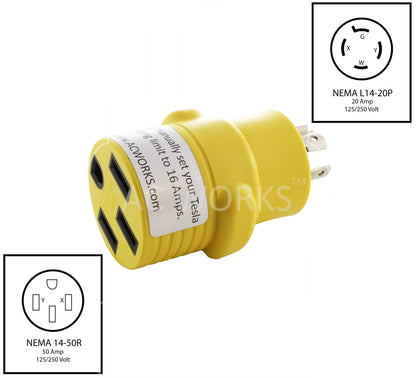 NEMA L14-20P to NEMA 14-50R, L1420 plug to 1450 connector, 4-prong 20 amp locking generator plug to 4-prong RV/EV connector