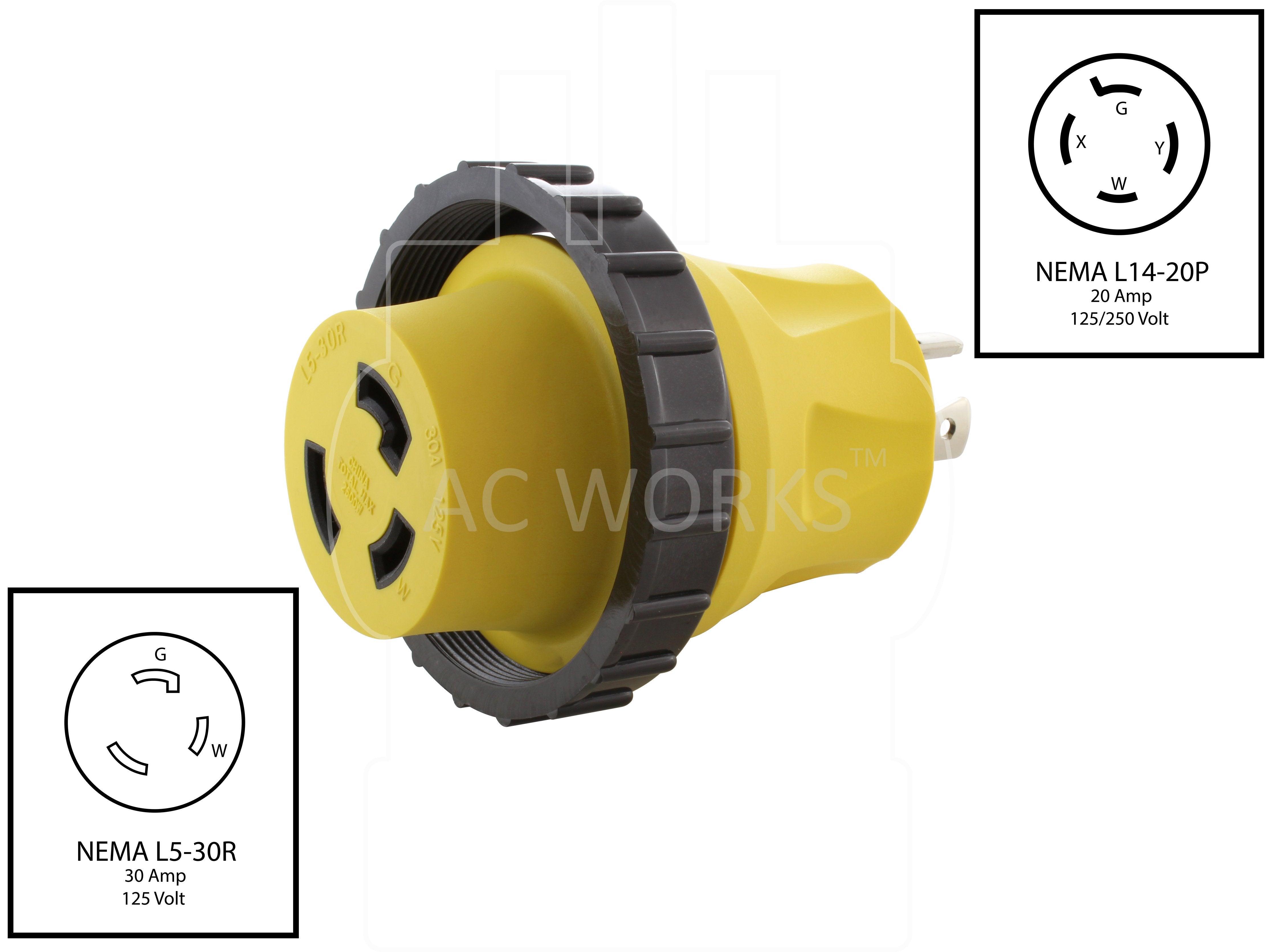 NEMA L14-20P to NEMA L5-30R, L1420 plug to L530 connector, 4-prong 20 amp locking plug to 3-prong 30 amp locking connector