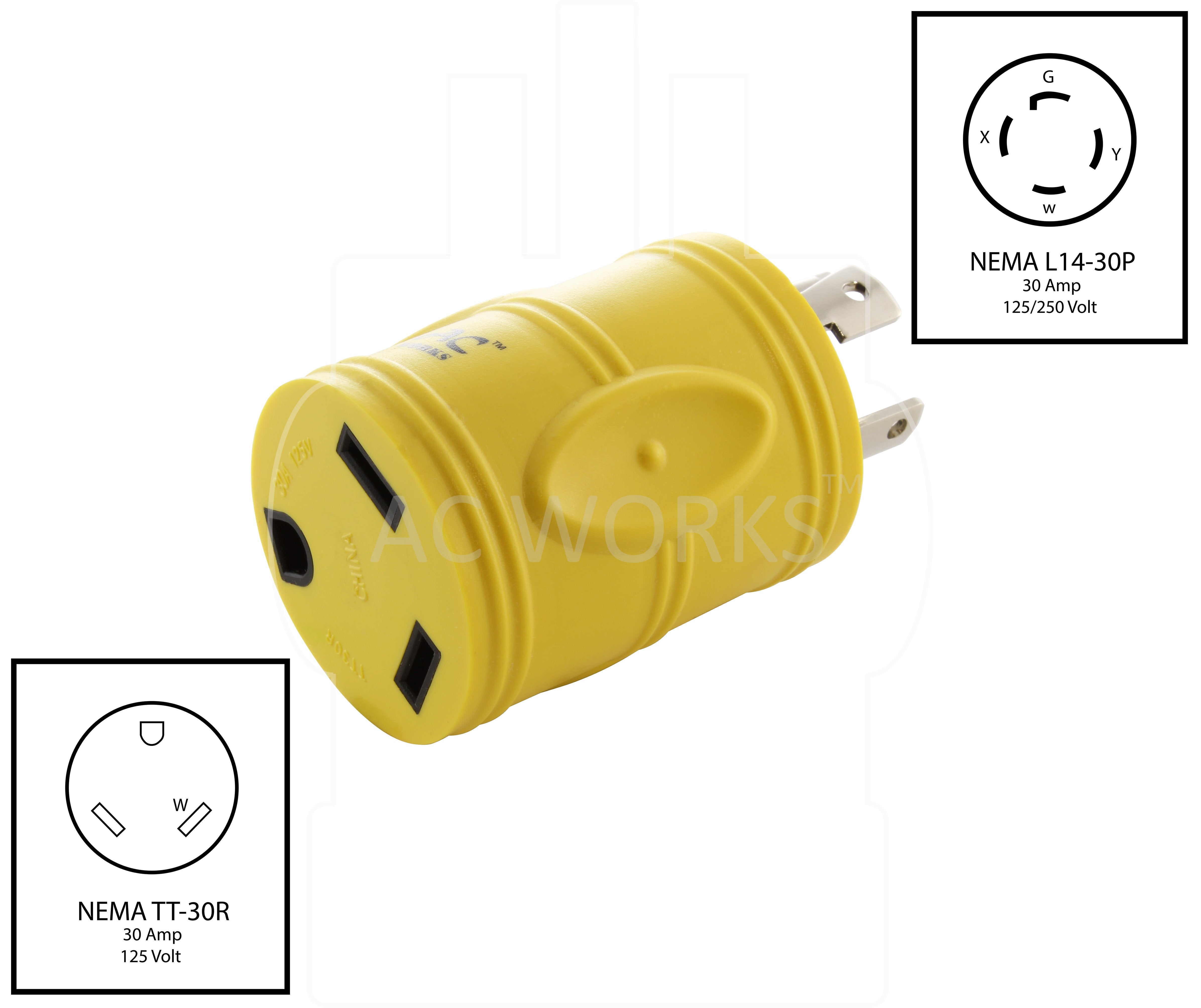 NEMA L14-30P to NEMA TT-30R, L1430 plug to TT30 connector, 4-prong 30 amp locking generator plug to 3-prong travel trailer outlet