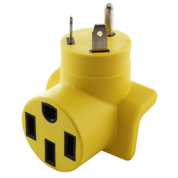 yellow RV adapter for 50 amp RV, compact right angle adapter