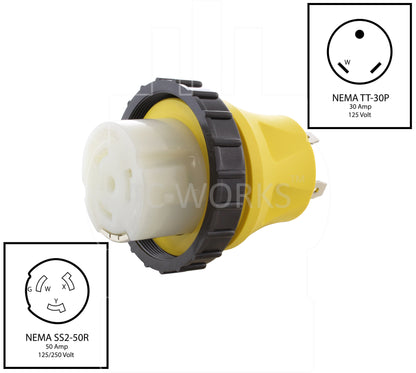 NEMA TT-30P to NEMA SS2-50R, TT30 plug to SS250 connector, travel trailer plug to 50 amp RV/Shore power connector