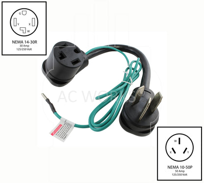 NEMA 10-50P to NEMA 14-30R, 1050 male plug to 1430 female connector, 3-prong old style range or welder plug to 4-prong dryer connector