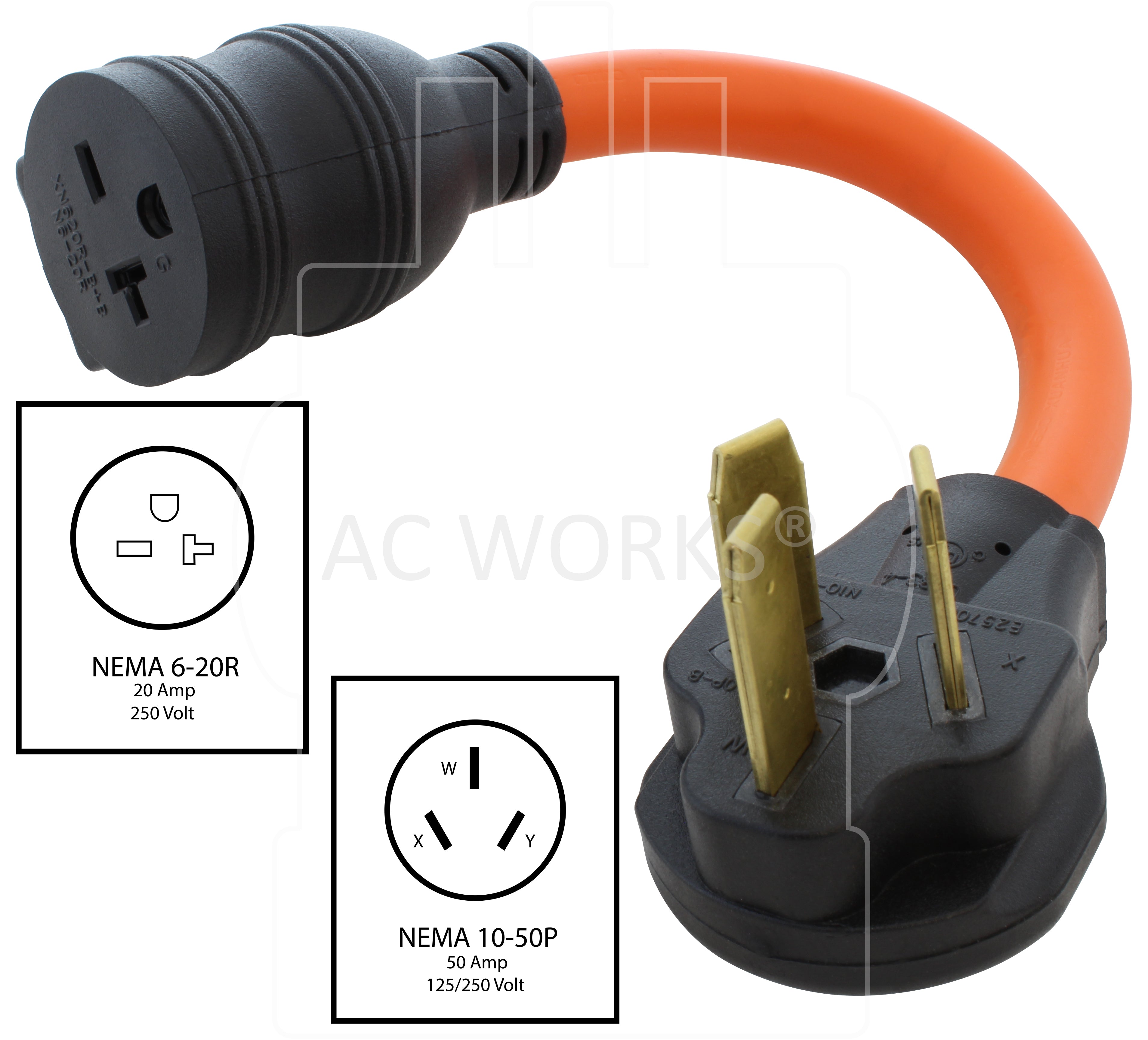 NEMA 10-50P to NEMA 6-20R flexible adapter with 20A circuit breaker