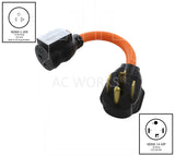 NEMA 14-30P to NEMA 5-20R, 1430 male plug to 520 female connector, 4-prong dryer plug to 20 amp household connector with circuit breaker