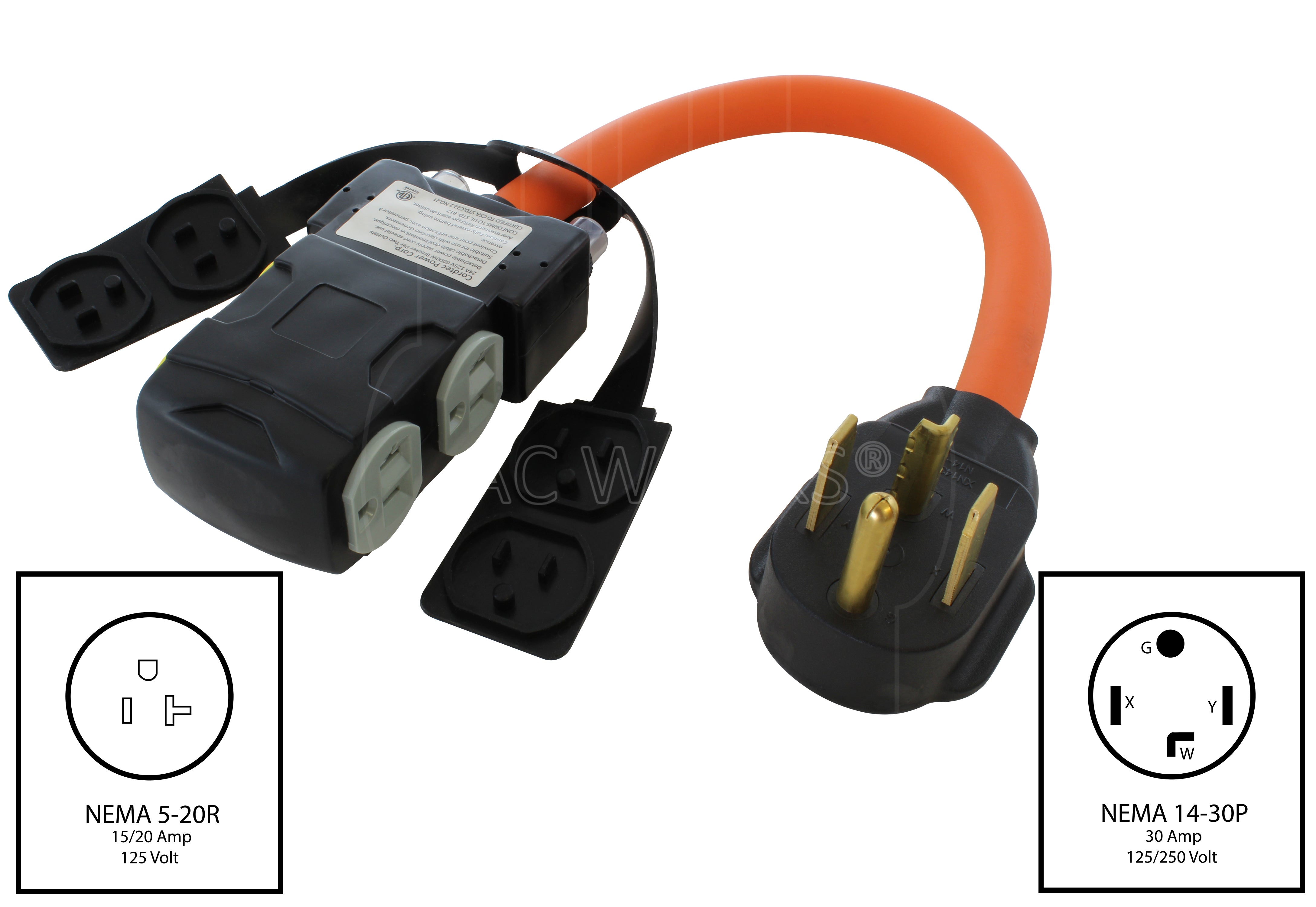 NEMA 14-30P to 4 NEMA 5-20R breaker protected outlets