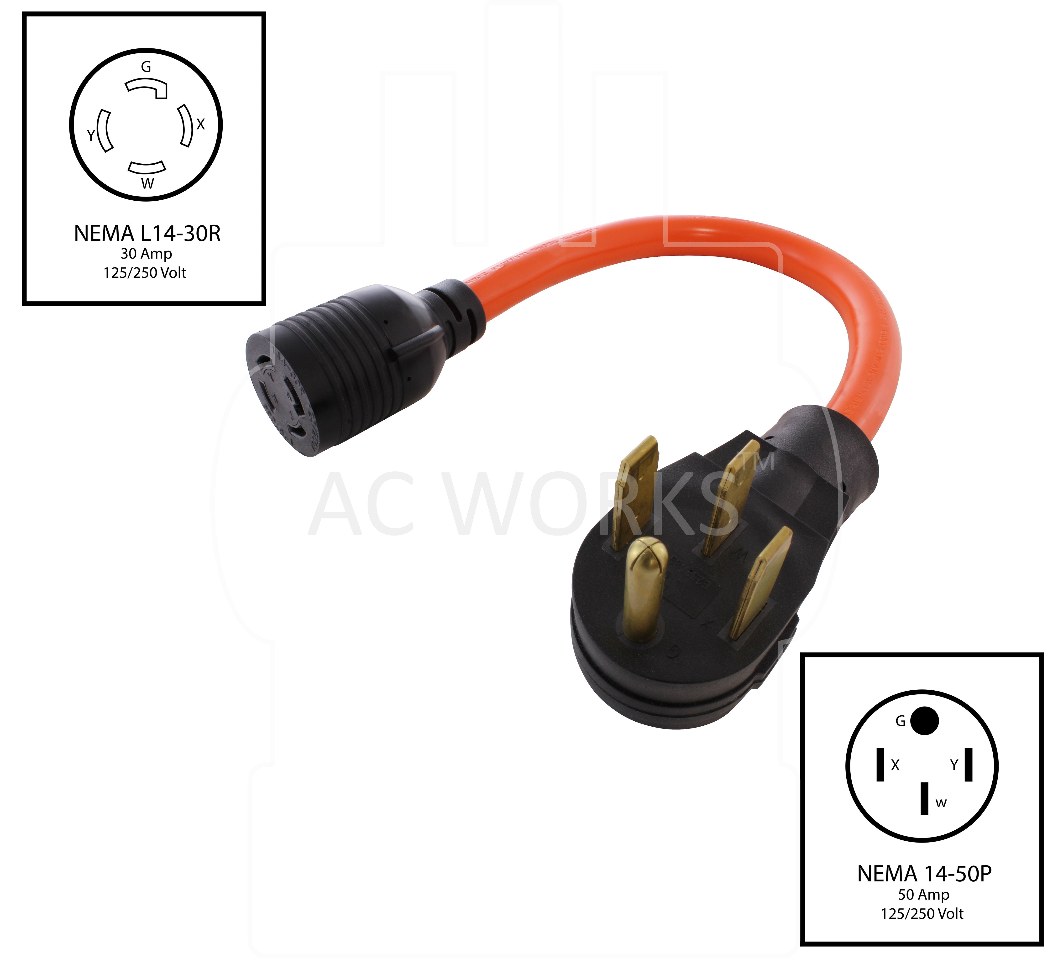 NEMA 14-50P to NEMA L14-30R, 1450 male plug to L1430 female connector, 4- prong cooking range plug to 4-prong 30 amp locking female connector