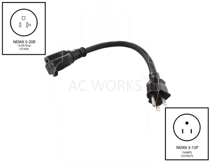 NEMA 5-15P to NEMA 5-20R, 515 male plug to 520 female connector, 15 amp household plug to 20 amp t-blade household connector