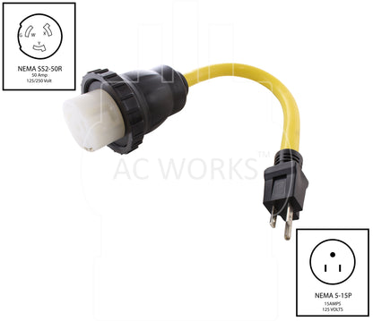 NEMA 5-15P to NEMA SS2-50R, 515 male plug to SS250 female connector, household plug to 50 amp RV/shore power connector, locking adapter