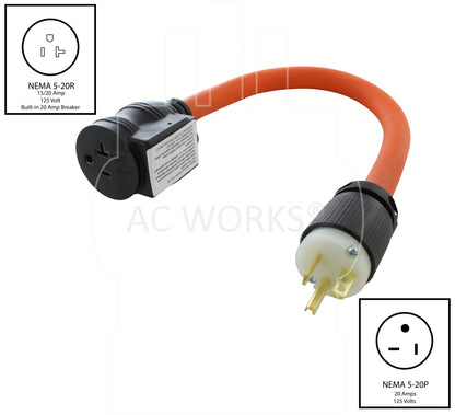 NEMA 5-20P to NEMA 5-20R with circuit breaker, 520 male plug to 520 female connector with circuit breaker, 20 amp household adapter with circuit breaker