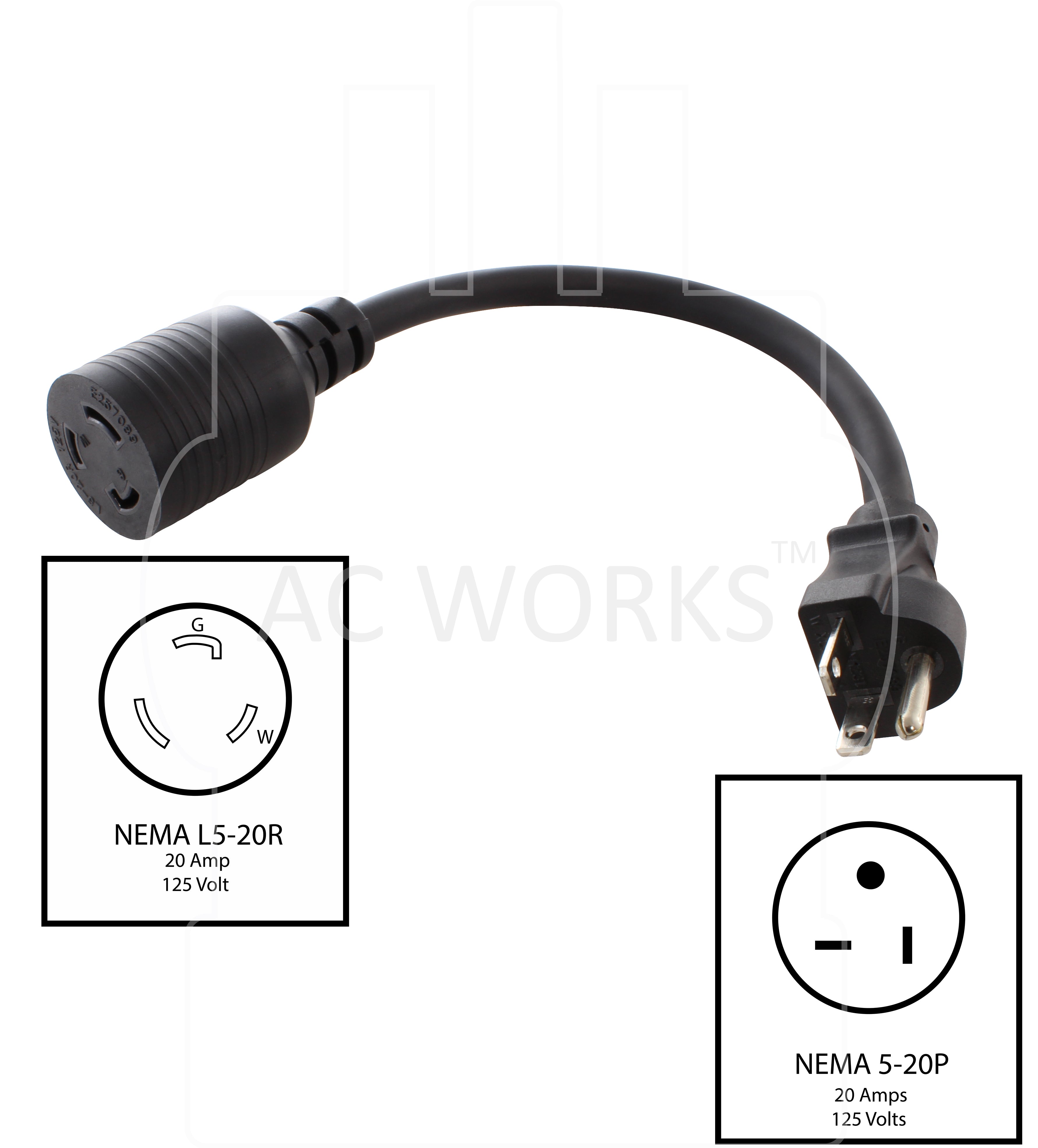 NEMA 5-20P to NEMA L5-20R 1ft adapter cord