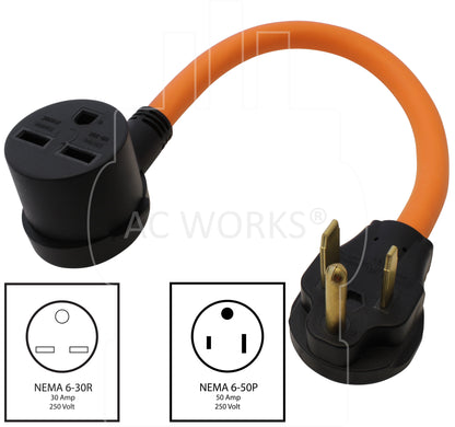 NEMA 6-50P to NEMA 6-30R, 650 male plug to 630 female connector, 250 volt flexible adapter