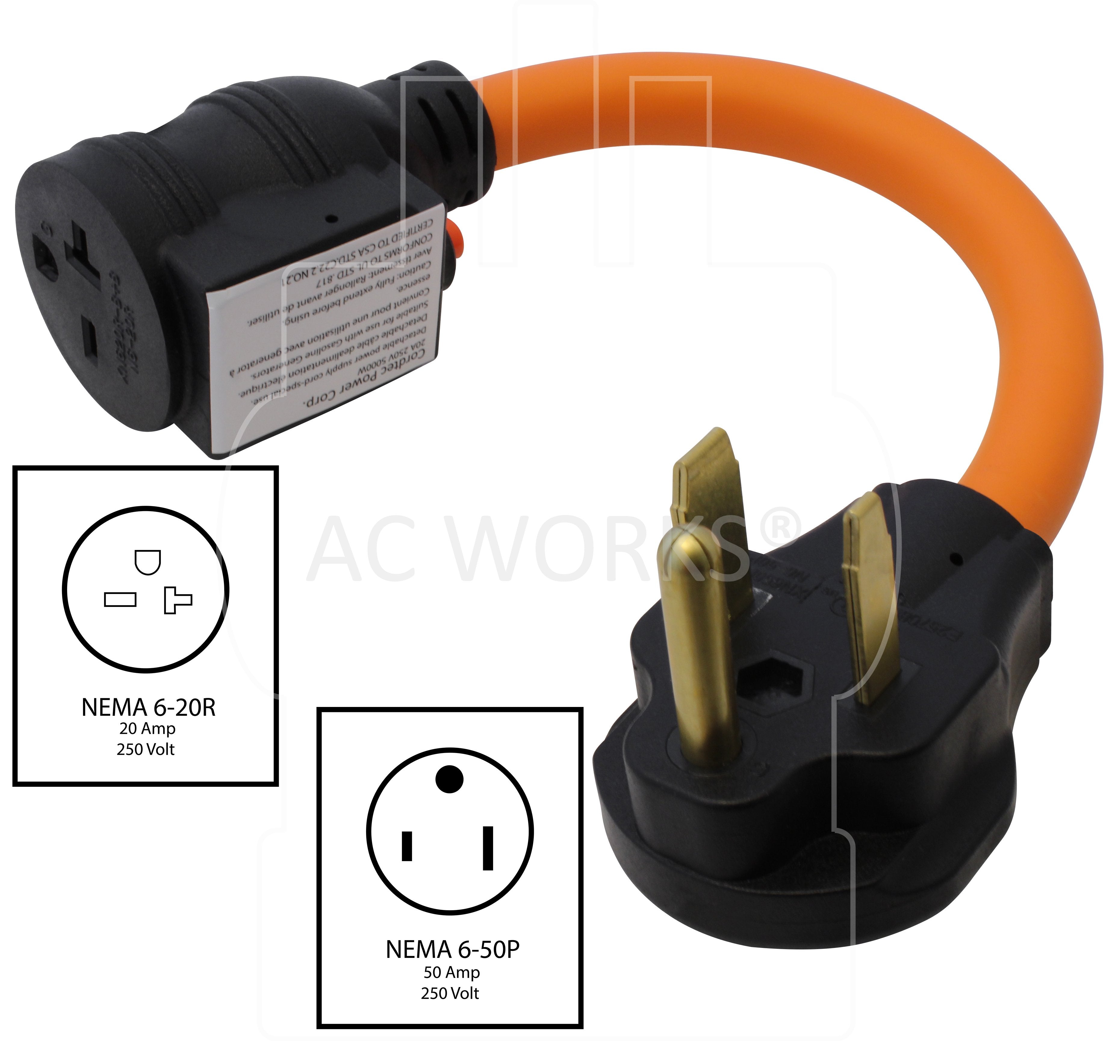 NEMA 6-50P to NEMA 6-20R, 650 plug to 620 connector with circuit breaker