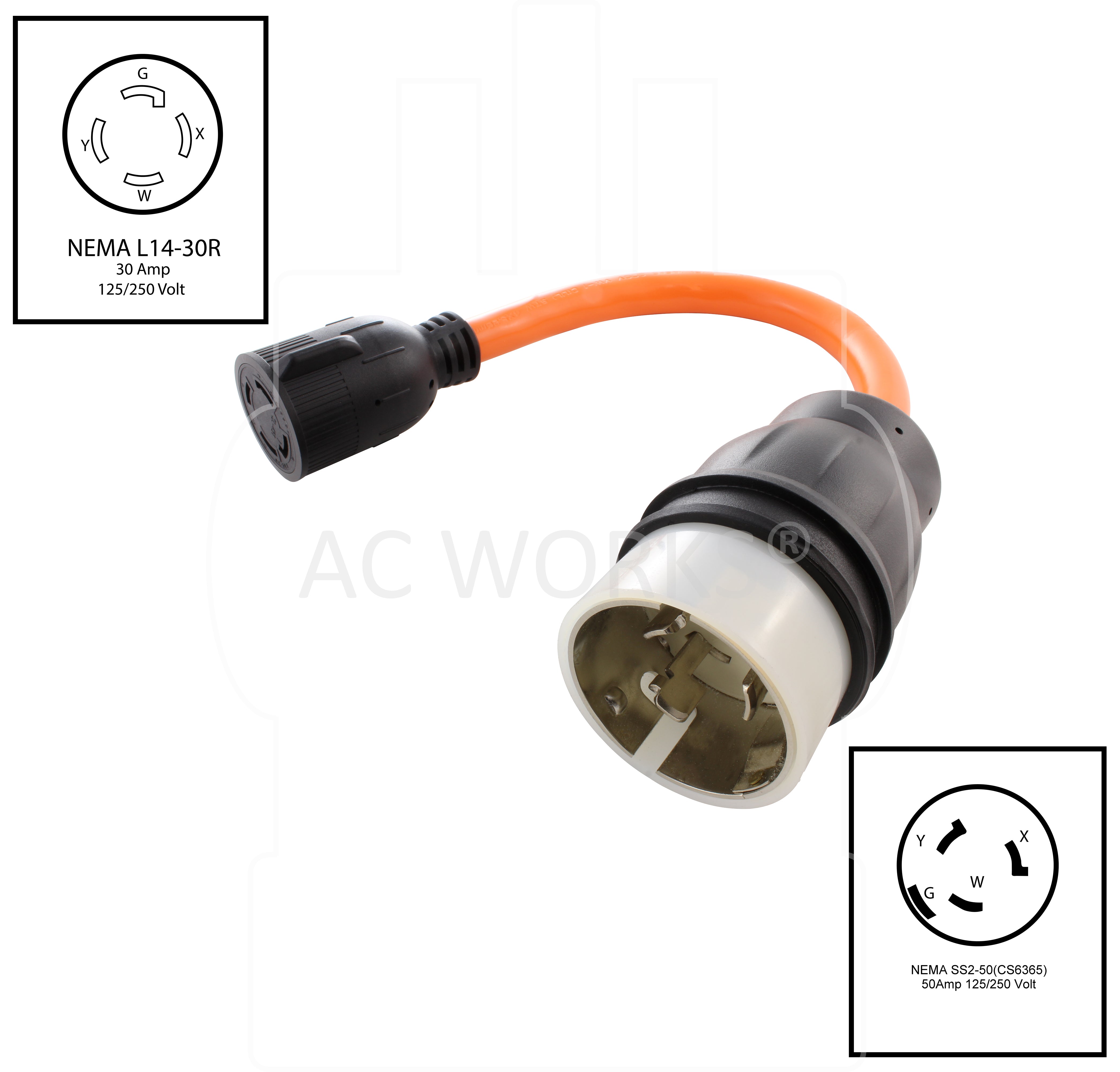 NEMA SS2-50P to NEMA L14-30R 1.5ft adapter