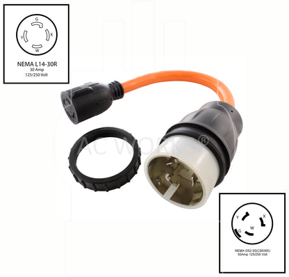 NEMA SS2-50P to NEMA L14-30R flexible adapter with locking ring