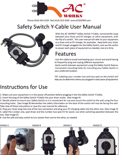 AC WORKS® Safety Switch Y-Cable  [EVY1430SW-036] 30A 125/250V NEMA 14-30 4-Prong Dryer Plug to Two NEMA 14-30 4-Prong  Dryer Connections With Switch