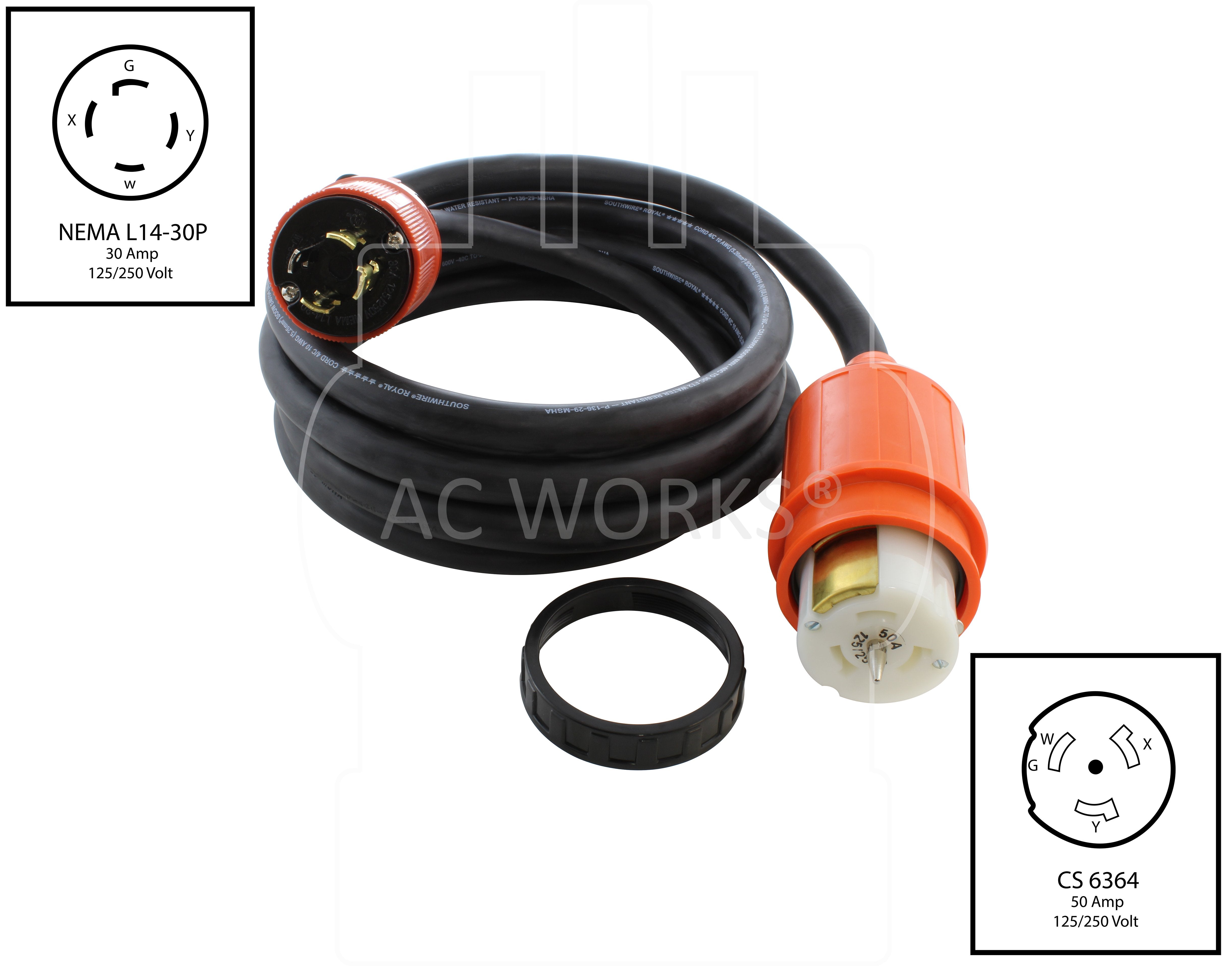 NEMA L14-30P to CS6364, L1430 plug to CS6364 connector, locking power cord, 4-prong generator plug to emergency power connector