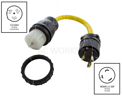 NEMA L5-30P to CS6364, L530 male plug to CS6364 female connector, L530 generator plug to CS6364 inlet connector