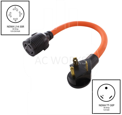 AC WORKS® [TT30L1430-018] 1.5FT RV 30A Plug to L14-30R Two Hots Bridged 30A 125/250V Connector