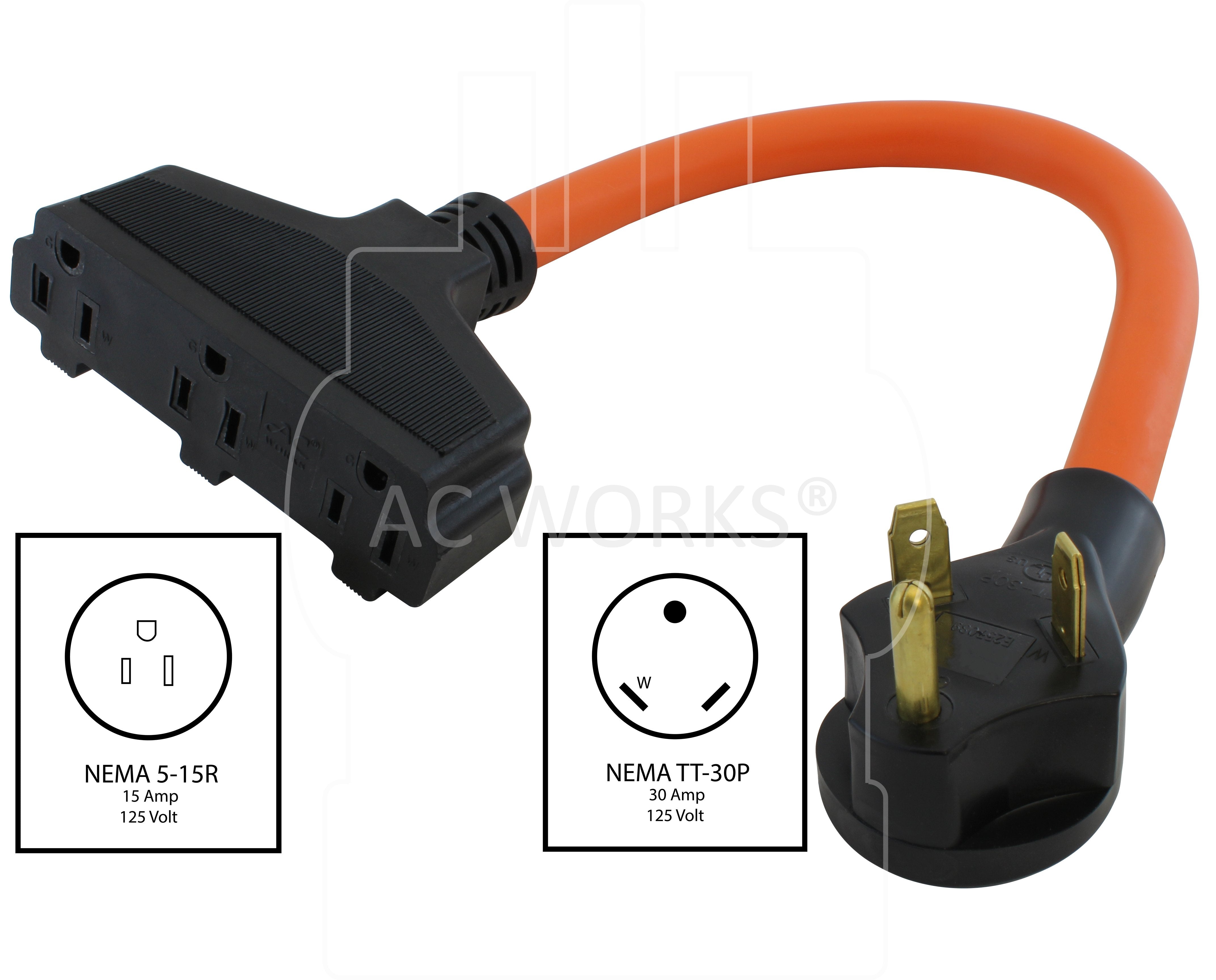 AC WORKS® [TT30W515] 10/3 TT-30P RV/Generator 30A Plug to Lighted 3 Outlets 5-15R Adapter