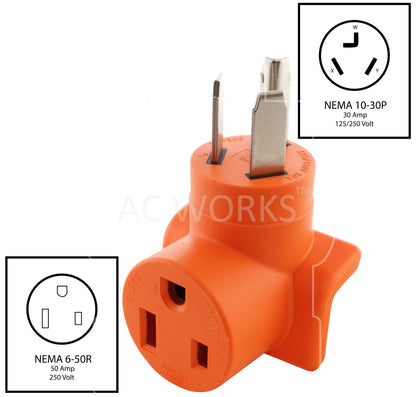 NEMA 10-30P to NEMA 6-50R, 1030 plug to 650 connector, 3-prong dryer plug to 50 amp welder connector