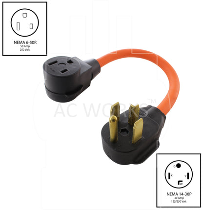 NEMA 14-30P to NEMA 6-50R, 1430 male plug to 650 female connector, 4-prong dryer plug to 3-prong welder connection