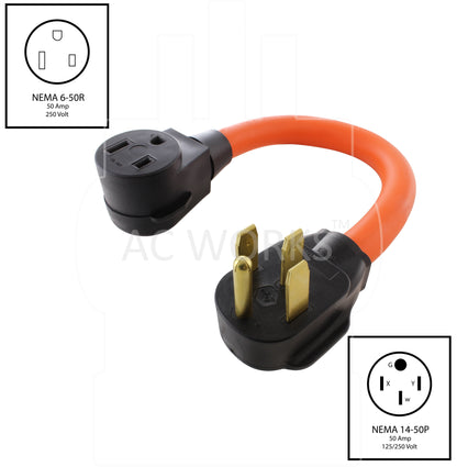 NEMA 14-50P to NEMA 6-50R, 1450 male plug to 650 female connector, 4-prong cooking range plug to 3-prong welder connection, 4-prong 50 amp welder plug to 650 welder connection