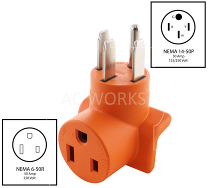 NEMA 14-50P to NEMA 6-50R, 1450 plug to 650 connector, 50 amp generator plug to 50 amp welder connector