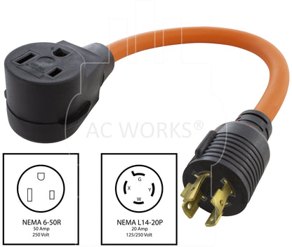 NEMA L14-20P to NEMA 6-50R, L1420 male plug to 650 female connector, 4-prong locking 20 amp plug to 50 amp welder connector