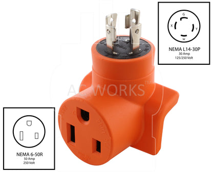 NEMA L14-30P to NEMA 6-50R, L1430 plug to 650 connector, 4-prong 30 amp generator plug to 3-prong 50 amp welder connector