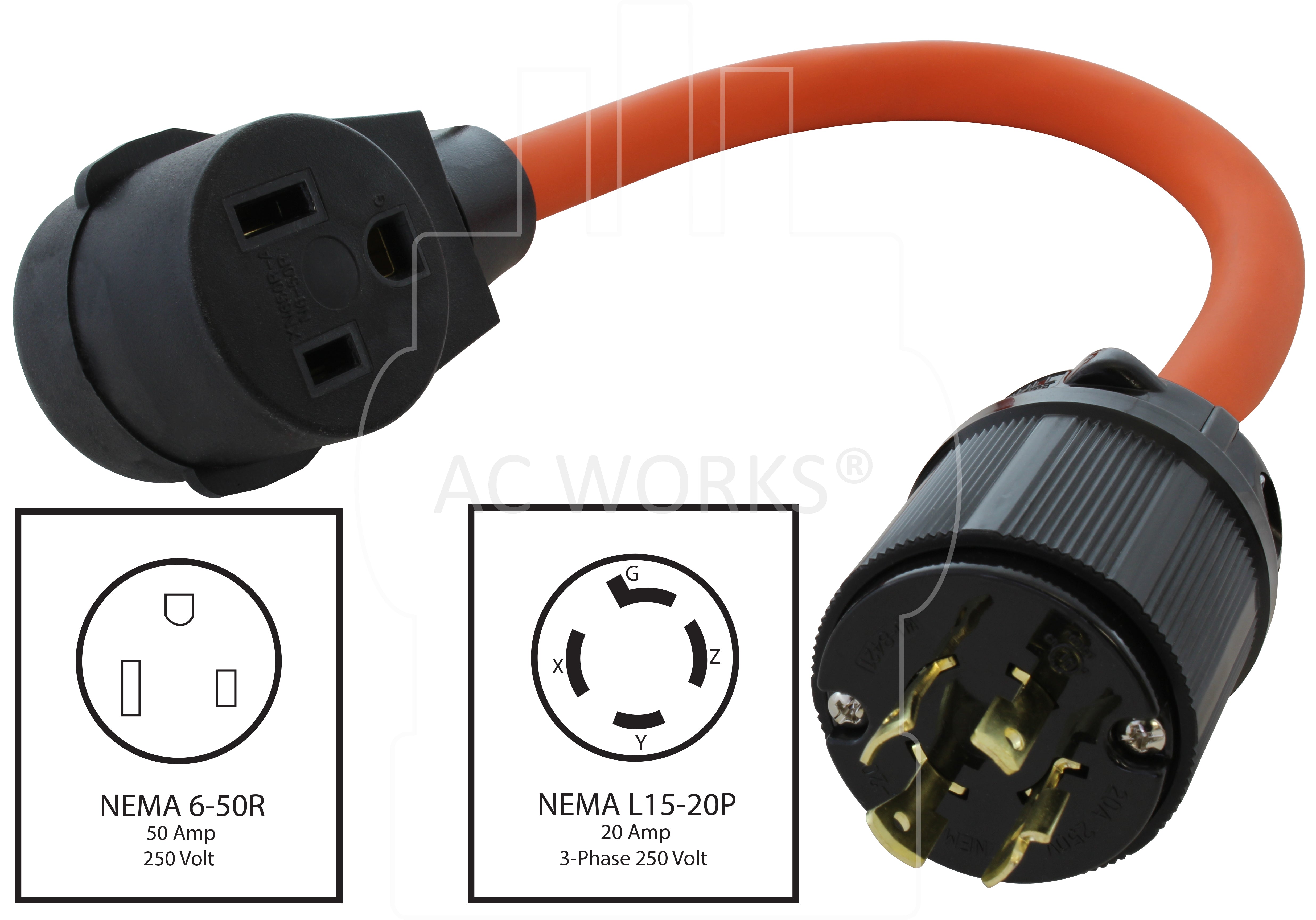 AC WORKS® [WDL1520650-018] 1.5FT - L15-20 Plug 4-Prong 3-phase 20A 250V to NEMA 6-50R Welder Adapter