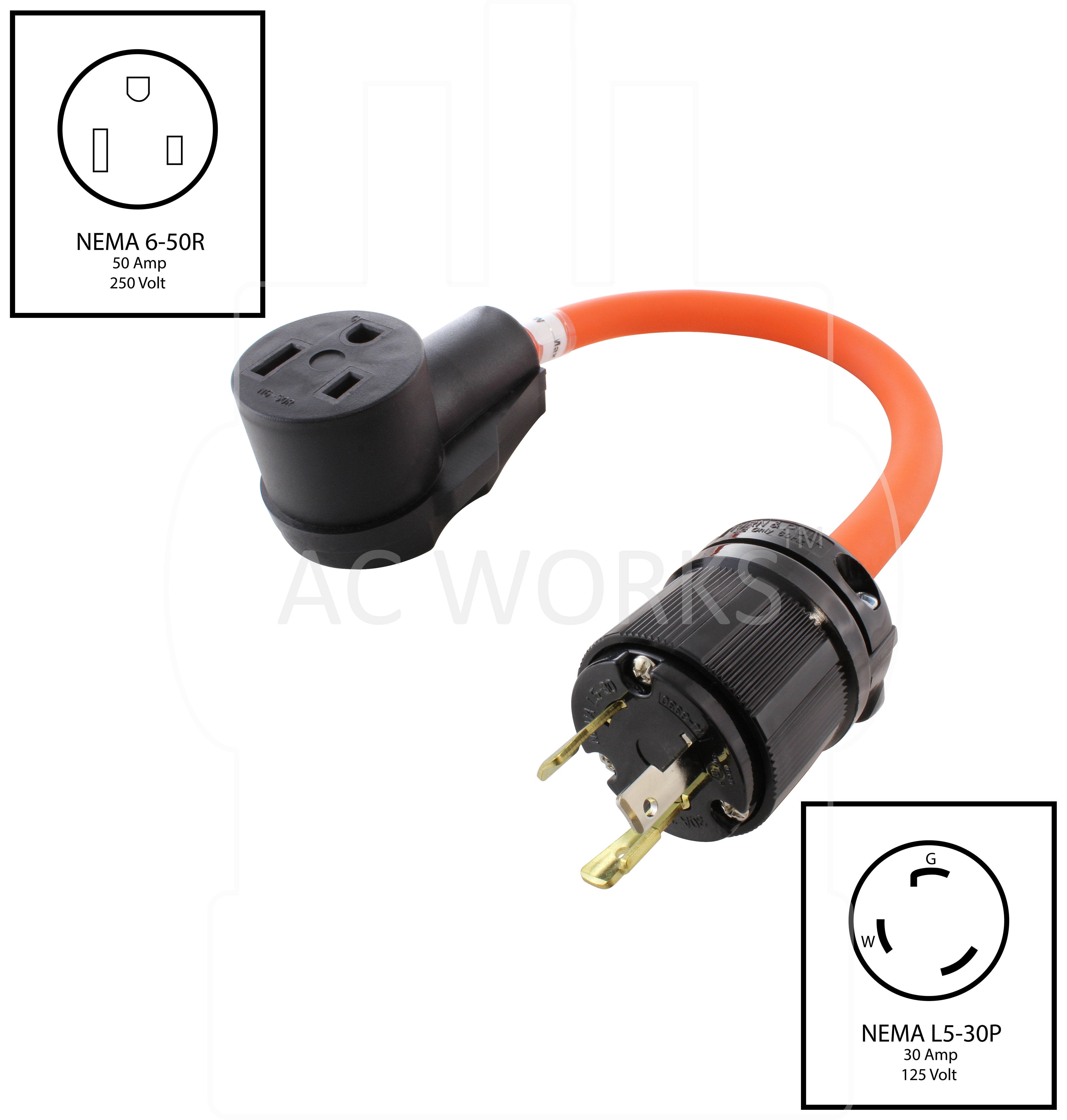 NEMA L5-30P to NEMA 6-50R, L530 male plug to 650 female connector, 3-prong lockig 30 amp generator plug to 50 amp 3-prong welder connector