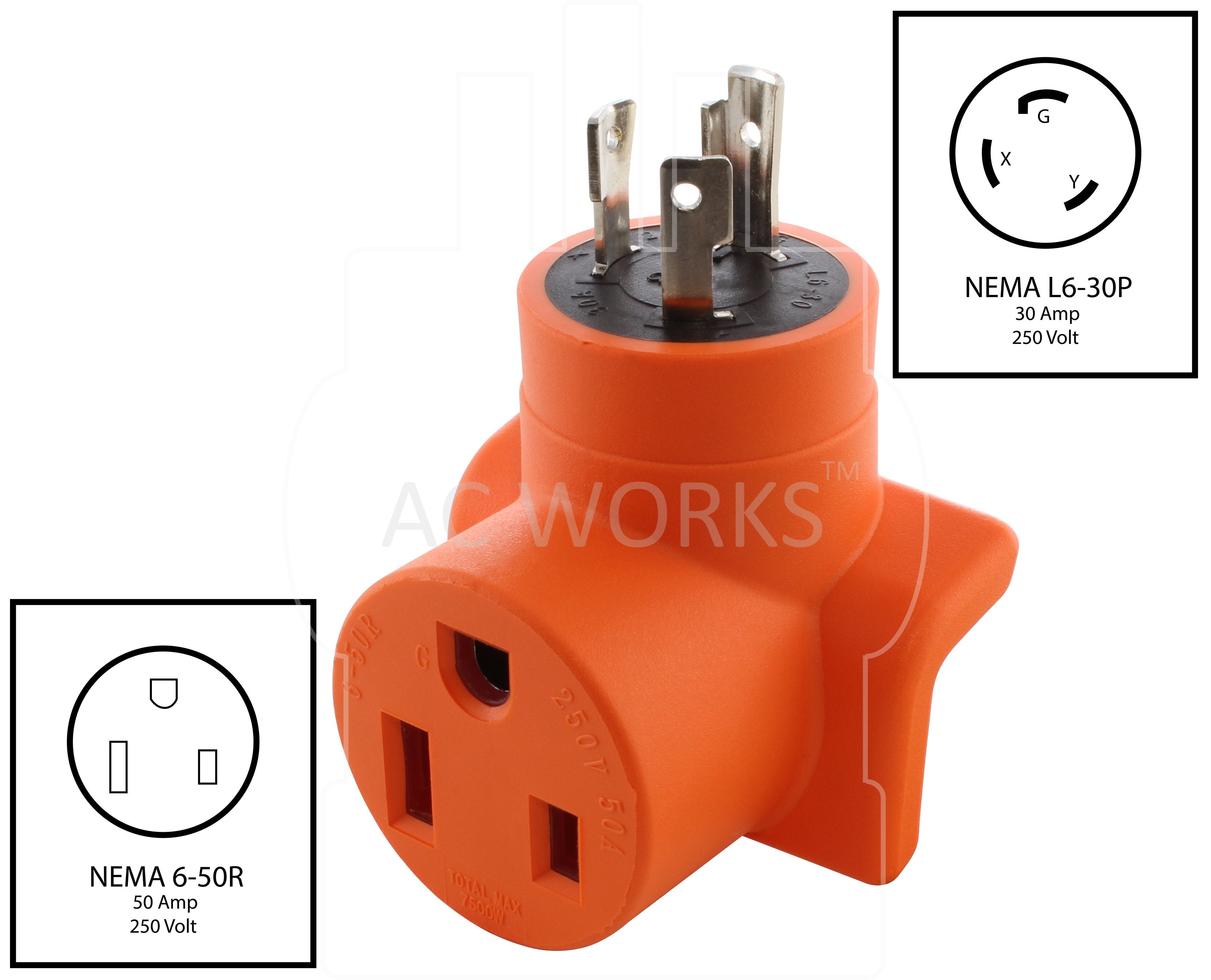 NEMA L6-30P to NEMA 6-50R, L630 plug to 650 connector, 3-prong 30 amp industrial locking plug to 3-prong 50 amp welder connector