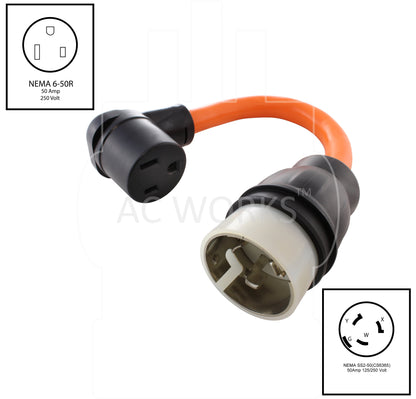 NEMA SS2-50P to NEMA 6-50R, SS250 male plug to 650 female connector, shore power plug to 50 amp welder, 50 amp RV plug to 50 amp welder