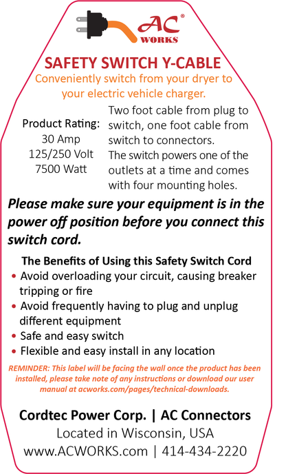 AC WORKS® Safety Switch Y-Cable  [EVY1430SW-036] 30A 125/250V NEMA 14-30 4-Prong Dryer Plug to Two NEMA 14-30 4-Prong  Dryer Connections With Switch