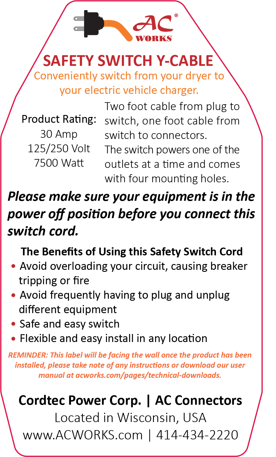 AC WORKS® Safety Switch Y-Cable  [EVY1430SW-036] 30A 125/250V NEMA 14-30 4-Prong Dryer Plug to Two NEMA 14-30 4-Prong  Dryer Connections With Switch